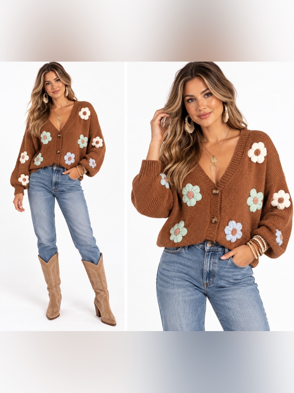 Rust Brown Floral Appliqué V-Neck Cardigan Sweater